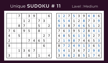 Vector sudoku puzzle with answer. Sudoku, number puzzle game with numbers for kids and adults.