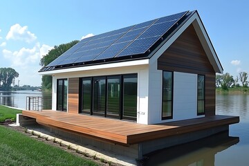 Modern Floating House with Solar Panels on River