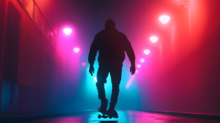 a skateboarder under neon streetlights with a retro aesthetic 