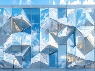 Close-up of the geometric facade of a skyscraper with its intricate design reflecting clouds and a blue sky background