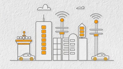 5G Network technology coverage. Urban cityscape illustration featuring buildings and vehicles with wireless signals.