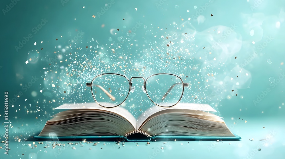 Poster minimalist and clean infographic of an open book icon with a folded page corner eyeglasses resting o