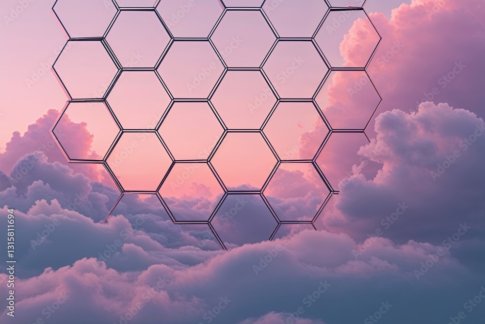 Poster dynamic hexagonal grid background on soft pink gradient sky for contemporary banners