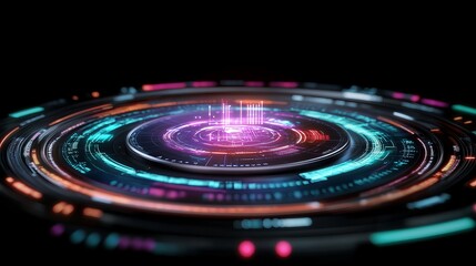 Futuristic circular interface with glowing data streams