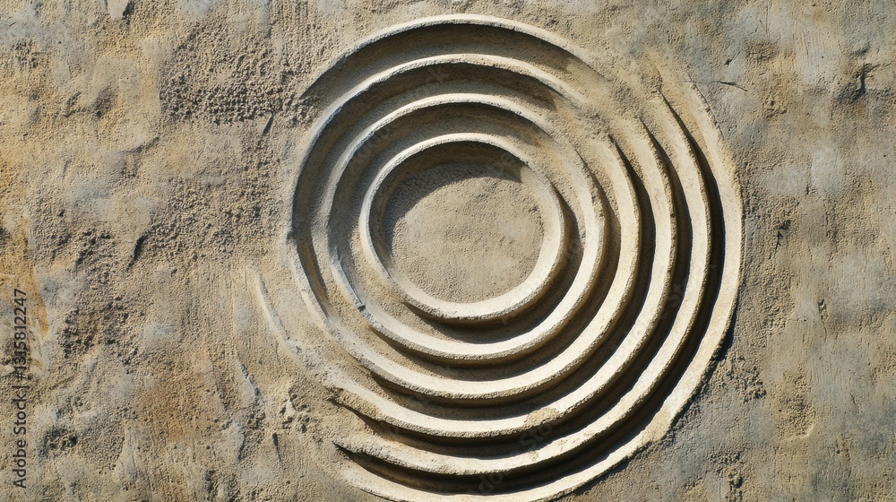 Poster smooth stone surrounded by concentric circles on sand illustrating concepts of stability and inner s