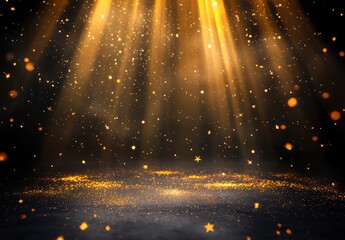 Beams of golden light on dark background, star pattern on floor.