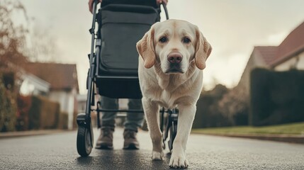 Person with assistant dog walks alongside a stroller on a quiet suburban street during golden hour. Dog Appreciation Month