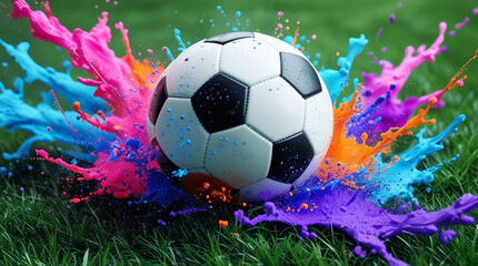 Fototapeta premium Vibrant Soccer Ball Splash – Colorful Sports Art on Green Grass. Generative AI 