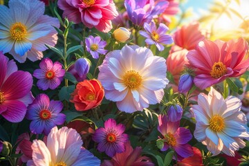 Lush Floral Background Featuring Beautiful Petals and Bright Summer Sunlight