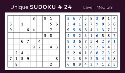 Vector sudoku puzzle with answer. Sudoku, number puzzle game with numbers for kids and adults.