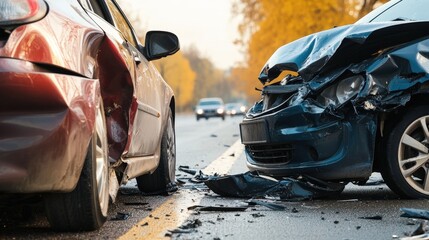 Two vehicles collide on a busy road due to driver inattention during autumn season. Distracted Driving Awareness Month