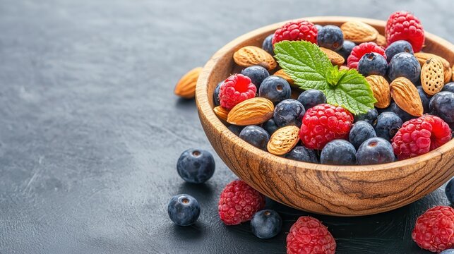 healthy aging secrets. Fresh berries and almonds in a wooden bowl with mint garnish.