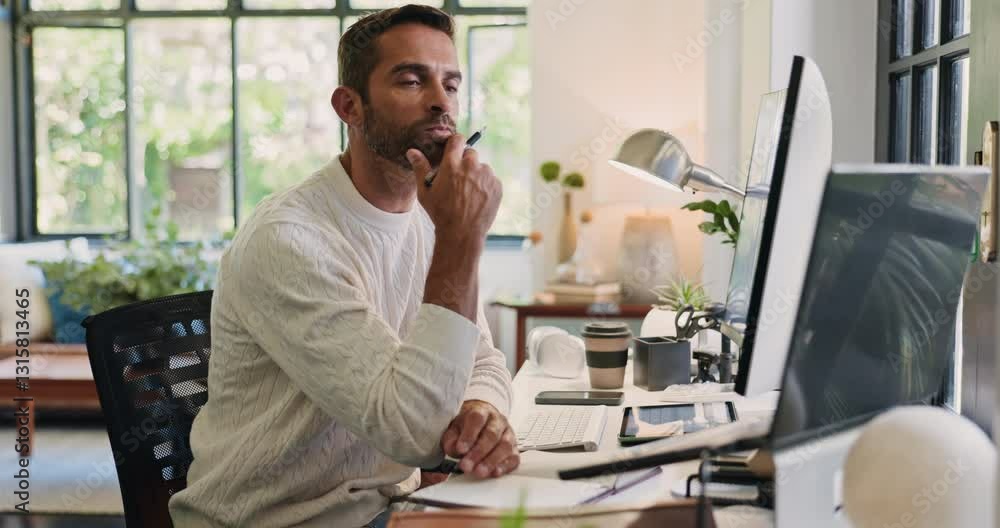 Poster computer, notebook and thinking with man in home office for remote work or startup business. adminis