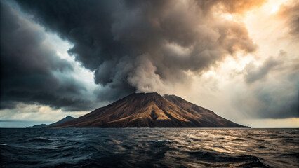 volcanic island with smoke and ash rising dramatically from peak, surrounded by dark clouds and ocean waves