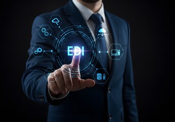 EDI, Electronic Data Interchange Concept. Businessman touching on EDI (Electronic Data Interchange) icons, information paperwork exchange in business context,  global data transfer, digital security, 