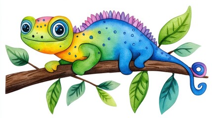 Obraz premium Colorful Cartoon Lizard with Leaves on a Branch in Watercolor Style