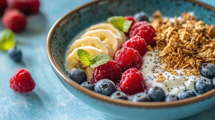 Yogurt parfait with granola, berries, and banana slices. A healthy and delicious breakfast or snack option, perfect for a balanced diet.