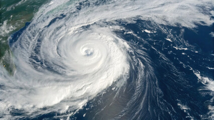 Aerial view of cyclone swirling over ocean, showcasing its powerful structure and surrounding clouds