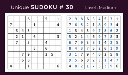 Vector sudoku puzzle with answer. Sudoku, number puzzle game with numbers for kids and adults.