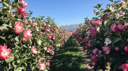 Obraz premium Blooming apple orchard vista with pink blossoms under a clear blue sky