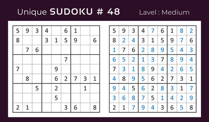 Vector sudoku puzzle with answer. Sudoku, number puzzle game with numbers for kids and adults.