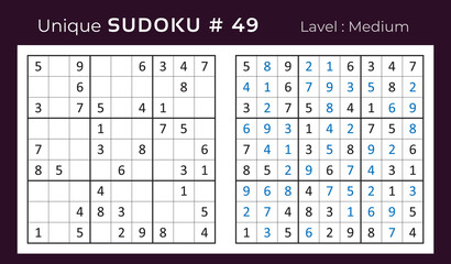 Vector sudoku puzzle with answer. Sudoku, number puzzle game with numbers for kids and adults.