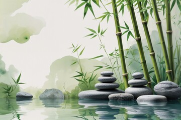 Serene Minimalist Zen Wallpaper with Gentle Watercolor Washes Bamboo and Calming Stones for Meditation and Wellness Environments