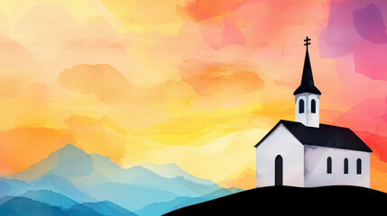 Naklejka premium A serene watercolor painting of a church atop a hill, set against a vibrant sunset sky with mountains in the background.