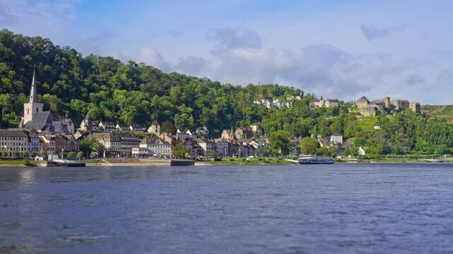 Medieval old town of Sankt Goar on the riverbanks of the Rhine River on a sunny morning day, Germany