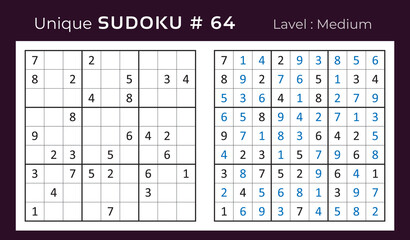 Vector sudoku puzzle with answer. Sudoku, number puzzle game with numbers for kids and adults.