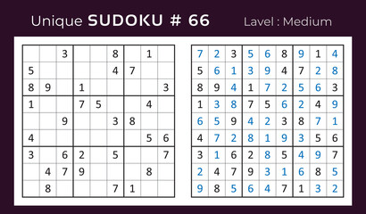 Vector sudoku puzzle with answer. Sudoku, number puzzle game with numbers for kids and adults.