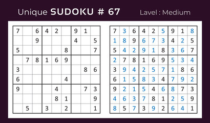 Vector sudoku puzzle with answer. Sudoku, number puzzle game with numbers for kids and adults.