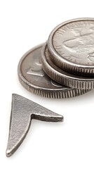 Silver coins, arrow down, white background