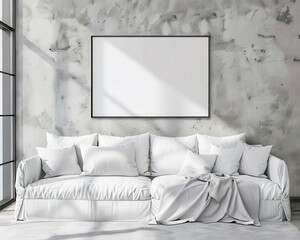 A modern living room with a white sofa and a large blank frame hanging on the wall Sunlight shines in through a window behind the sofa