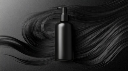Fototapeta premium Black pump bottle on sleek black hair. Ideal for shampoo, conditioner, or haircare ads, evokes luxury and smoothness.