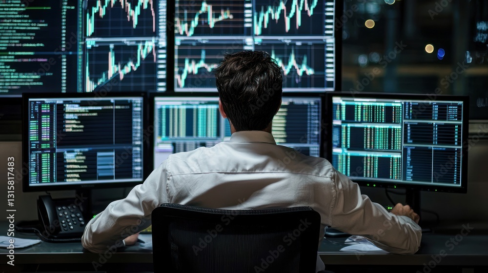 Poster night trader: a lone figure analyzes complex financial data on multiple monitors in a dimly lit offi