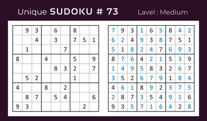 Vector sudoku puzzle with answer. Sudoku, number puzzle game with numbers for kids and adults.