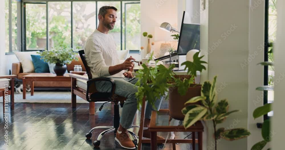 Poster computer, creative and thinking with man in home office for remote work or startup business. adminis