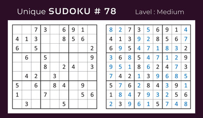Vector sudoku puzzle with answer. Sudoku, number puzzle game with numbers for kids and adults.