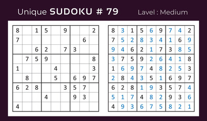 Vector sudoku puzzle with answer. Sudoku, number puzzle game with numbers for kids and adults.