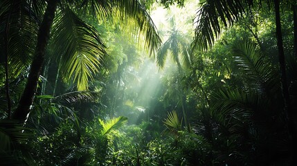 Fototapeta premium Lush Green Jungle with Sunlight Filtering Through Dense Tropical Foliage in Nature's Splendor