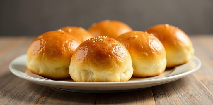 Freshly baked milk buns arranged in a row on a plate, baked, snack, golden