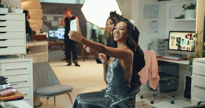 Woman, selfie and makeup artist in studio for photoshoot, interview or fashion production. Behind the scenes, online post and beautician in media agency for stylist, cosmetology and creative industry