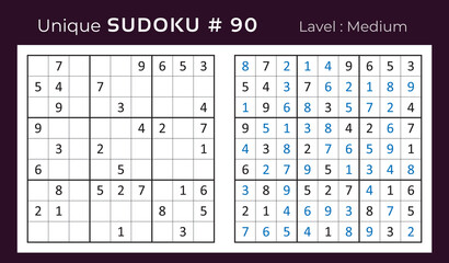 Vector sudoku puzzle with answer. Sudoku, number puzzle game with numbers for kids and adults.
