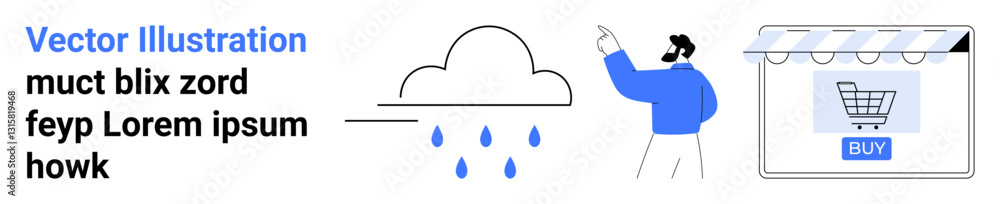 Poster man gestures toward raining cloud symbol alongside storefront with shopping cart signifying e-commer