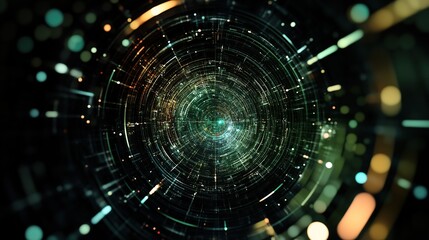 Obraz premium Data flow: Abstract radial lines converging in a dark bokeh background.