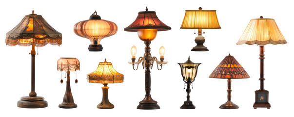 Collection of various decorative table lamps on transparent background