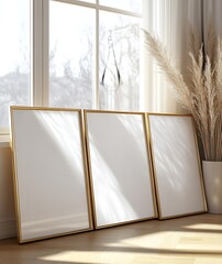 Leaning Blank White Posters Against Window in Sunlit Room