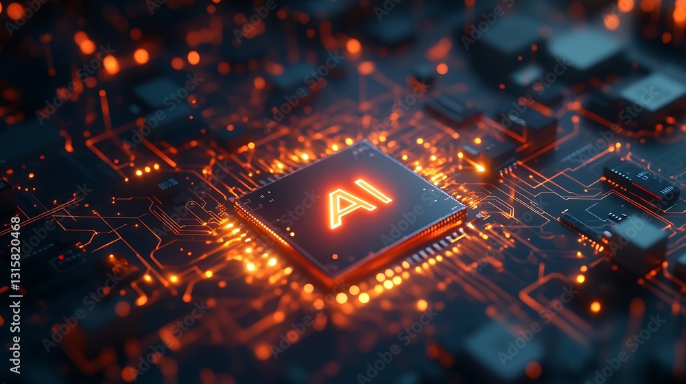 Poster tiny glowing chip with light in 3d rendering on circuit board