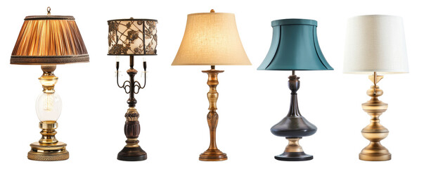 Collection of various decorative table lamps on transparent background